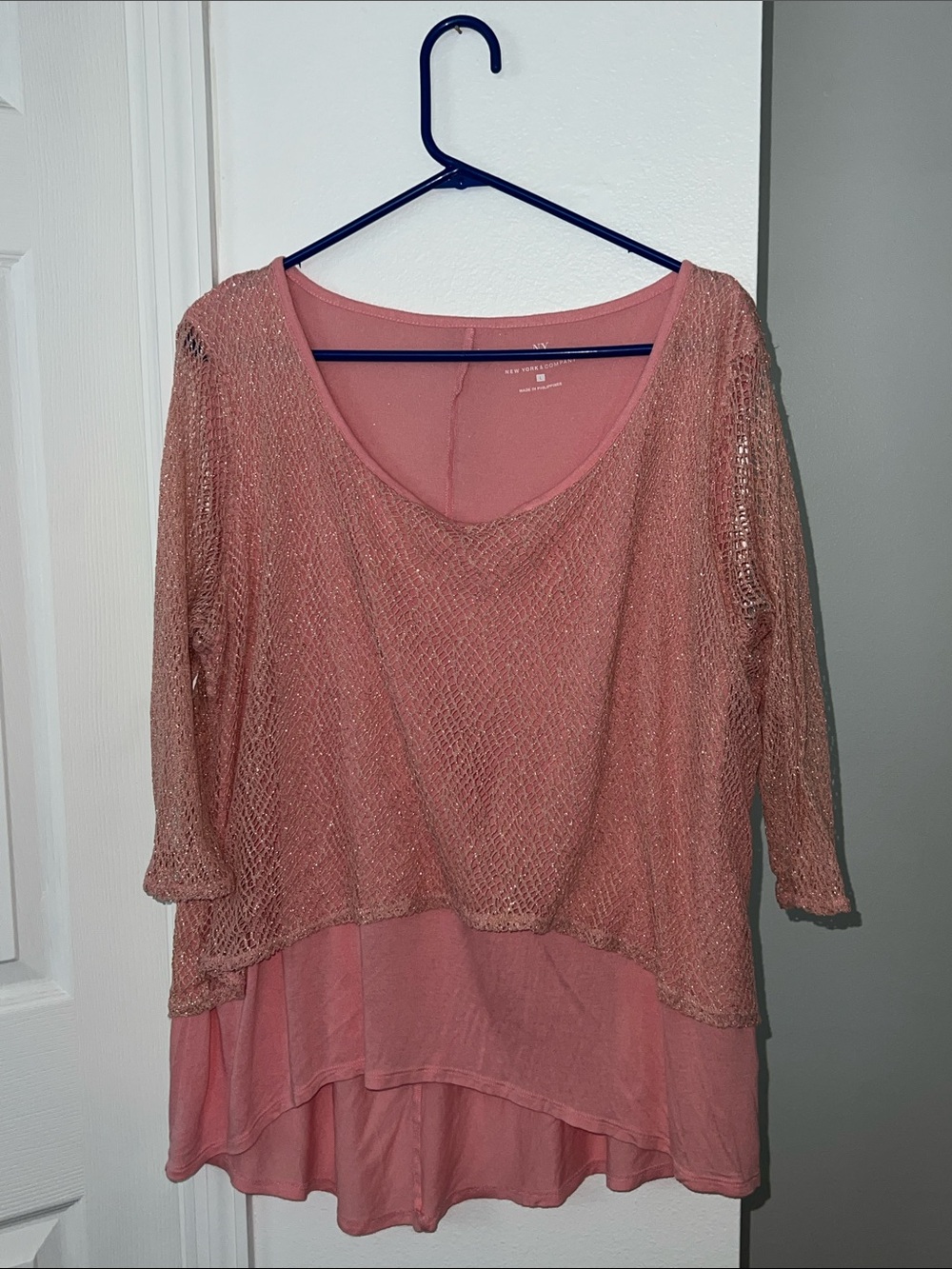 Layered Peach Knit Overlay Gold Sparkle Top